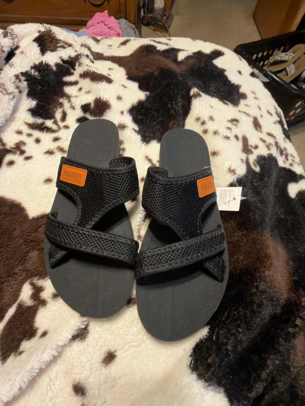 Black Mesh Strappy Slide Sandals with Orange Patch
